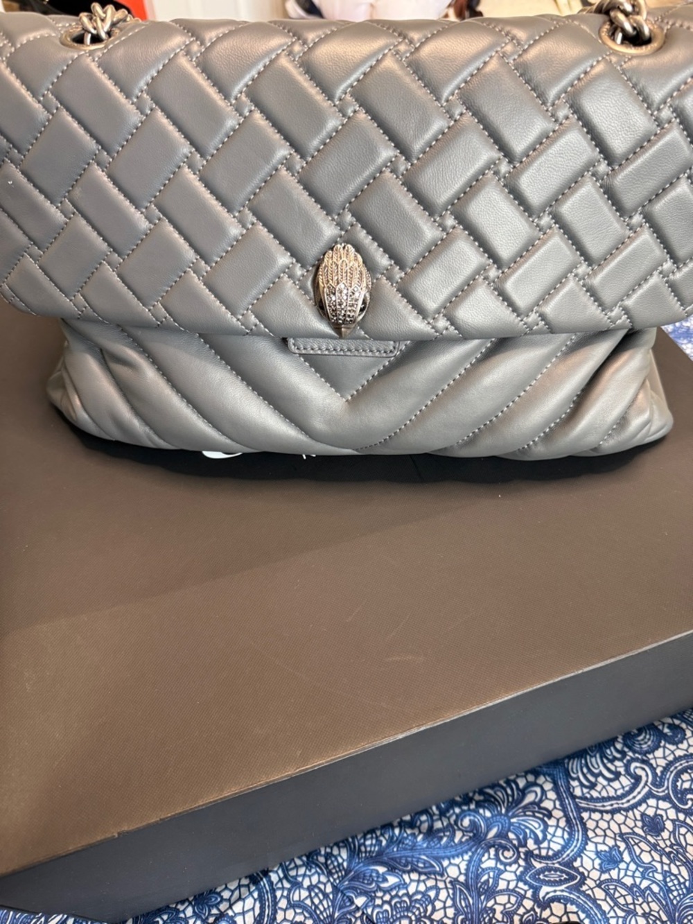 Kurt Geiger Quilted Shoulder Bag in Gray with Silver Hardware